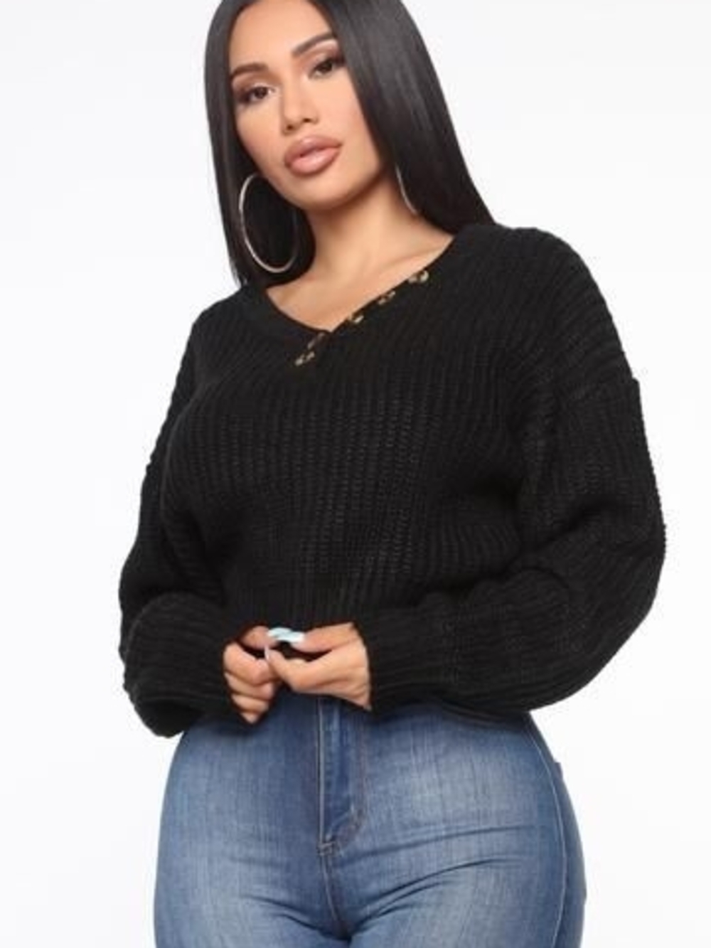 Fashion Nova Black V-Neck Chunky Knit Women's Sweater Size 1X